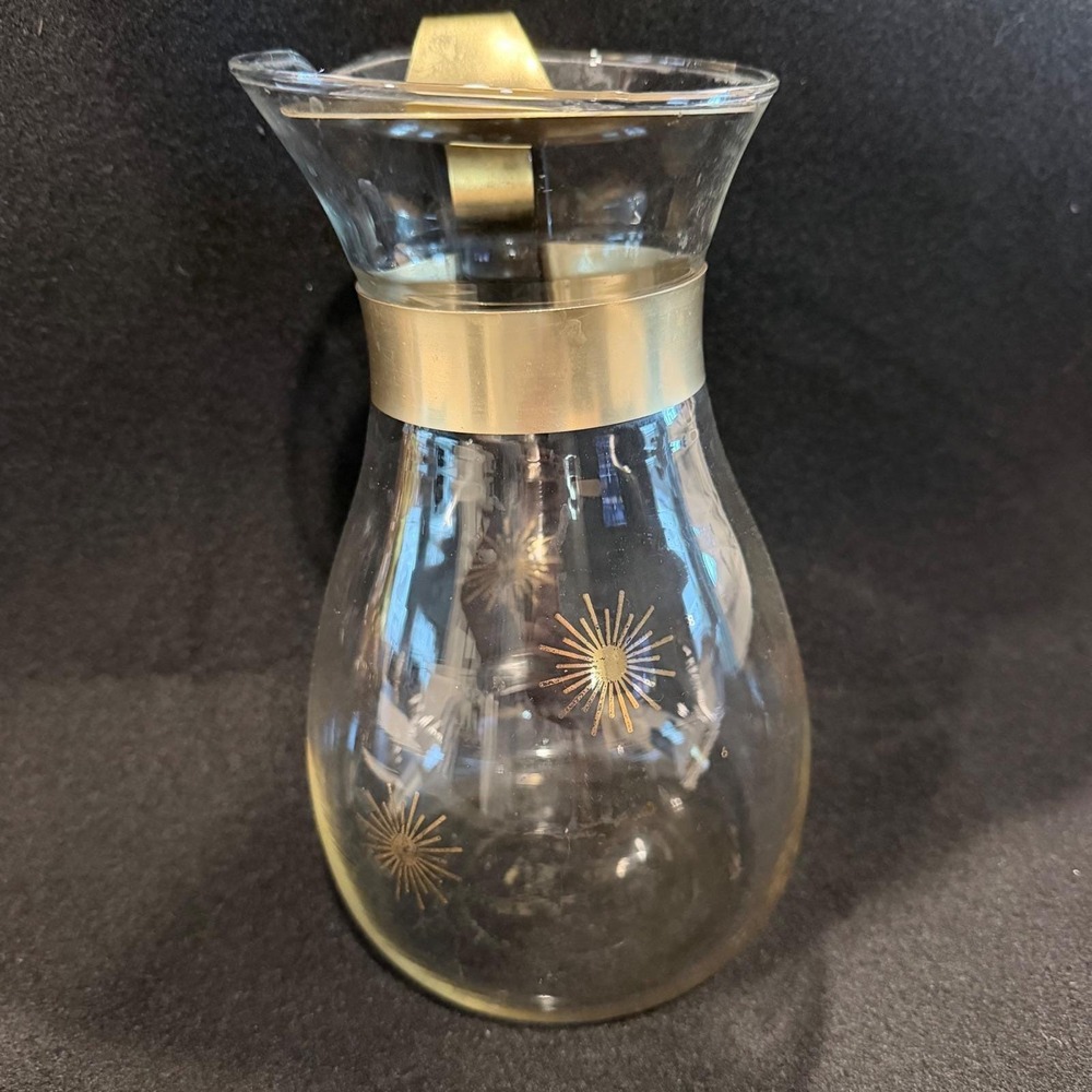 Pyrex Vintage Starburst Gold Coffee Carafe 8 Cup Clear Glass Atomic MCM Pitcher